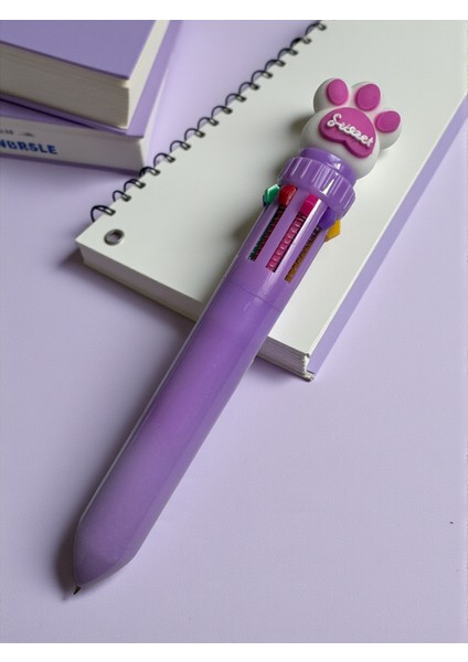 10 Renkli Pati Tasarımlı Çok Fonksiyonlu Tükenmez Kalem, Otomatik Mekanizma, Pembe Mavi Mor