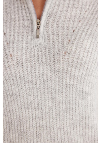 Kadın Oversize Geniş Kesim Dokumalı Fermuarlı Yaka Gri Kazak