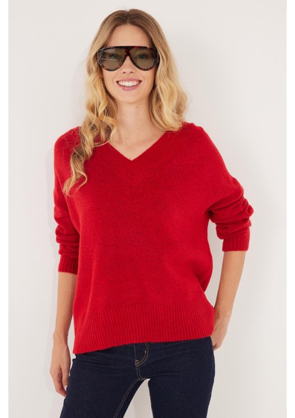 Kadın Slim Fit Dar Kesim V Yaka kırmızı Kazak