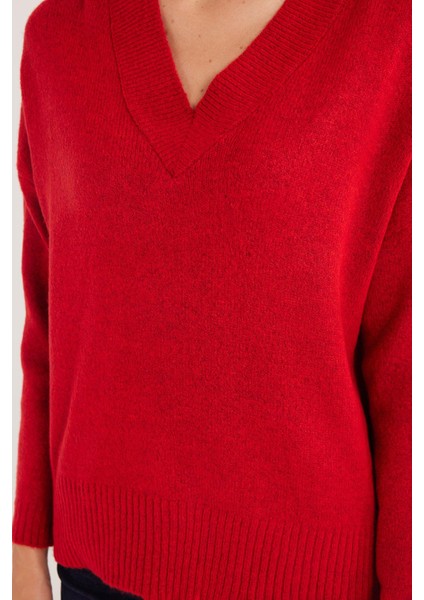 Kadın Slim Fit Dar Kesim V Yaka kırmızı Kazak modelleri