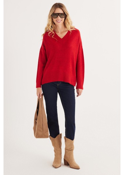Kadın Slim Fit Dar Kesim V Yaka kırmızı Kazak indirimleri
