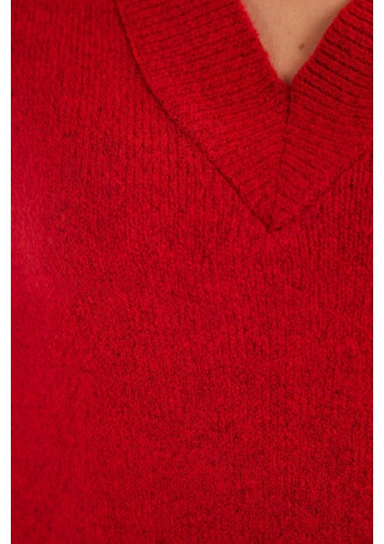 Kadın Slim Fit Dar Kesim V Yaka kırmızı Kazak