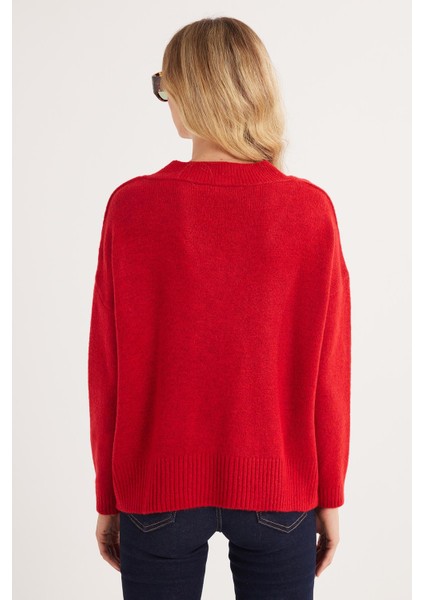 Kadın Slim Fit Dar Kesim V Yaka kırmızı Kazak