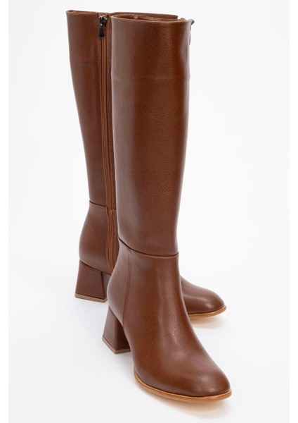 Ökçeli Kadın Çizme Kahve Cilt