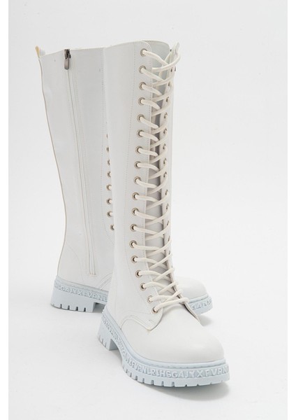 Kaydırmaz Çok Bağcıklı Fermuarlı Çizme Beyaz Cilt