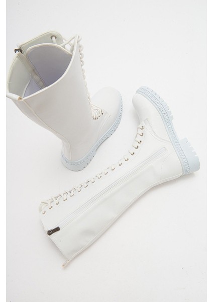 Kaydırmaz Çok Bağcıklı Fermuarlı Çizme Beyaz Cilt modelleri