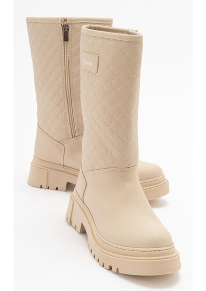 Kaydırmaz Kapitoneli Kadın Çizme Krem Zümrüt