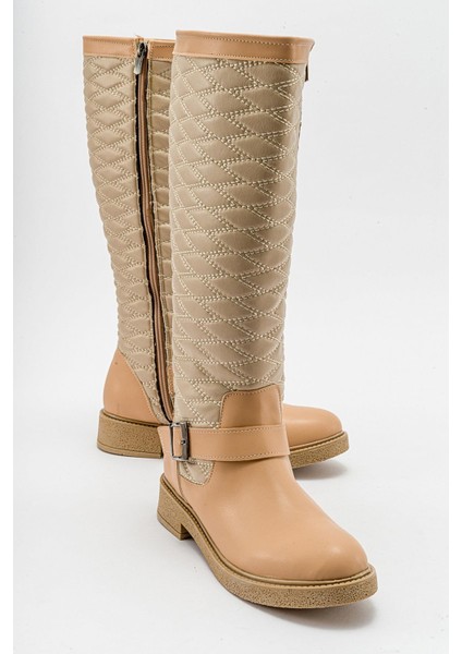 Kaydırmaz Tokalı Kadın Çizme Nude Bej