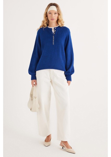 Kadın Oversize Geniş Kesim Düğmeli Yaka lacivert Kazak fırsatları