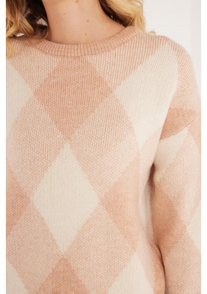 Kadın Slim Fit Dar Kesim Bisiklet Yaka Desenli Pudra Kazak modelleri