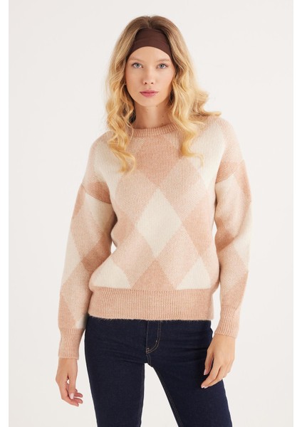 Kadın Slim Fit Dar Kesim Bisiklet Yaka Desenli Pudra Kazak fırsatları