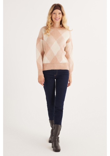 Kadın Slim Fit Dar Kesim Bisiklet Yaka Desenli Pudra Kazak indirimleri