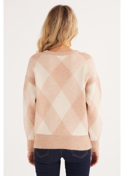 Kadın Slim Fit Dar Kesim Bisiklet Yaka Desenli Pudra Kazak