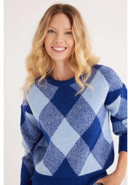 Kadın Slim Fit Dar Kesim Bisiklet Yaka Desenli Mavi Kazak