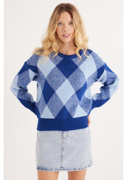 Kadın Slim Fit Dar Kesim Bisiklet Yaka Desenli Mavi Kazak fiyatları