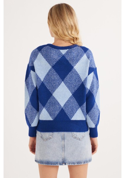 Kadın Slim Fit Dar Kesim Bisiklet Yaka Desenli Mavi Kazak