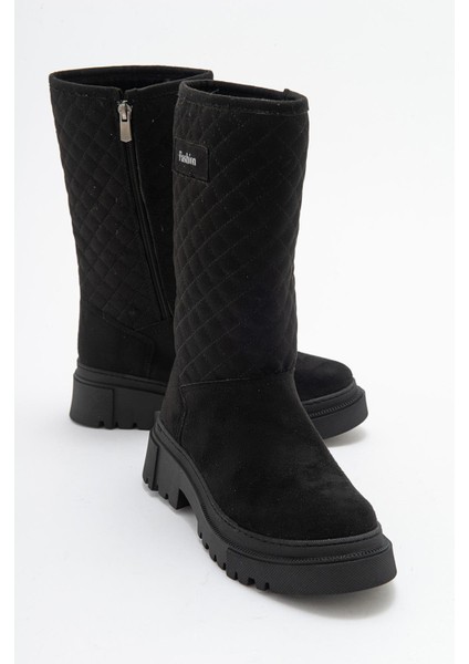 Kaydırmaz Kapitoneli Kadın Çizme Siyah Süet