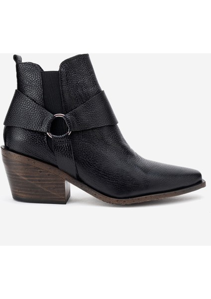 Kadın Sivri Burun Western Kısa Topuklu Bilek Bot Gerçek Deri Zy 1563 Siyah