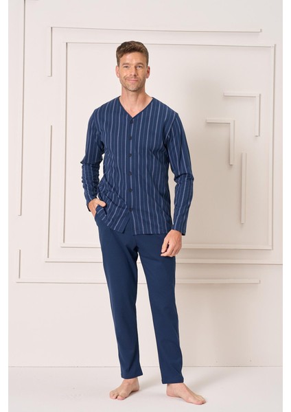 Erkek Penye Süprem Battal Önden Düğmeli Pijama Takımı | Lacivert 2144