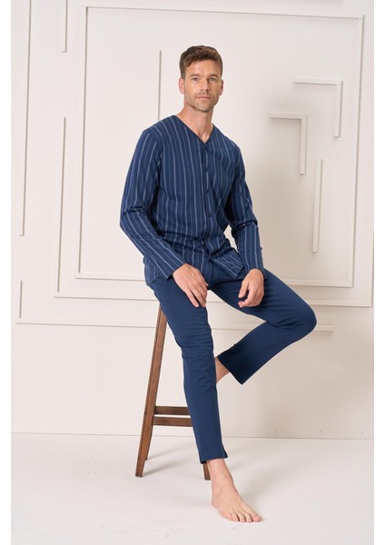 Erkek Penye Süprem Battal Önden Düğmeli Pijama Takımı | Lacivert 2144 fiyatları