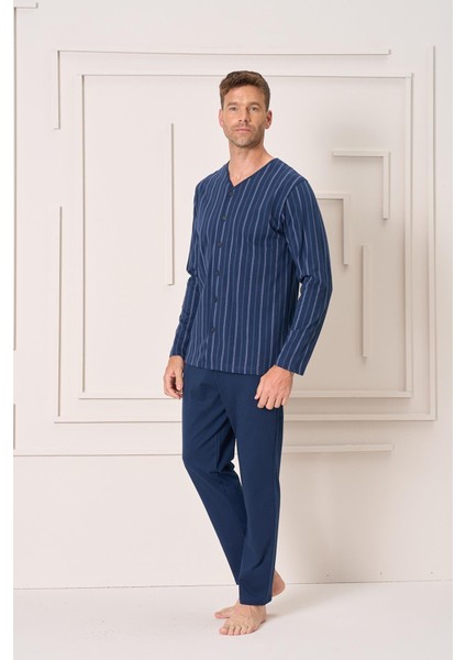 Erkek Penye Süprem Battal Önden Düğmeli Pijama Takımı | Lacivert 2144 modelleri