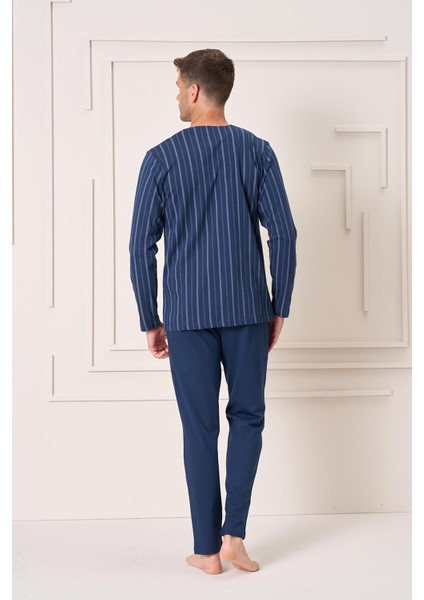 Erkek Penye Süprem Battal Önden Düğmeli Pijama Takımı | Lacivert 2144 fırsatları