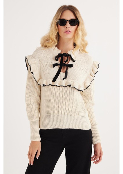 Slim Fit Dar Kesim Balıkçı Yaka fırfır Detaylı Bej kazak fiyatları