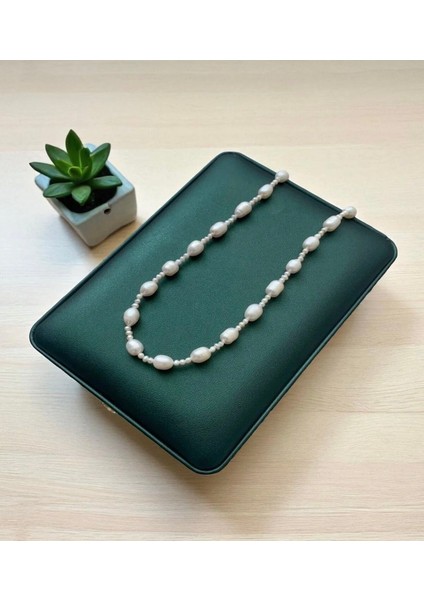 Sertifikalı Gerçek Doğal Büyük Arpa Beyaz Inci Kadın Kolye Çelik Klips ve Uzatma Zinciri Kum Inci