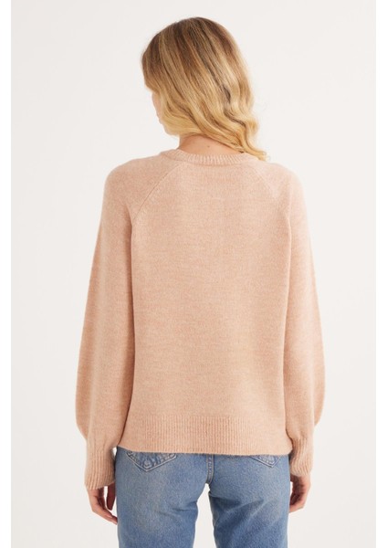 Kadın Oversize Geniş Kesim Düğmeli Yaka pudra Kazak