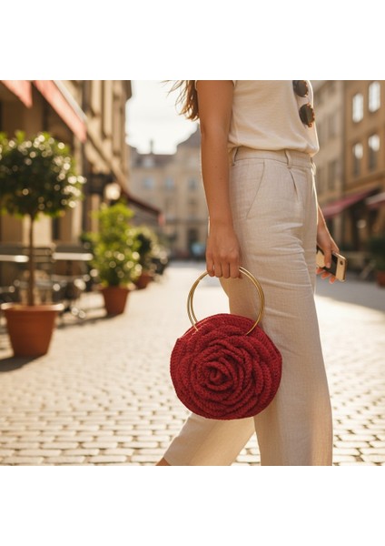 Kabartma Gül Çanta , Kağıt Ip, Kırmızı, Hasır Ip Kadın Çantası