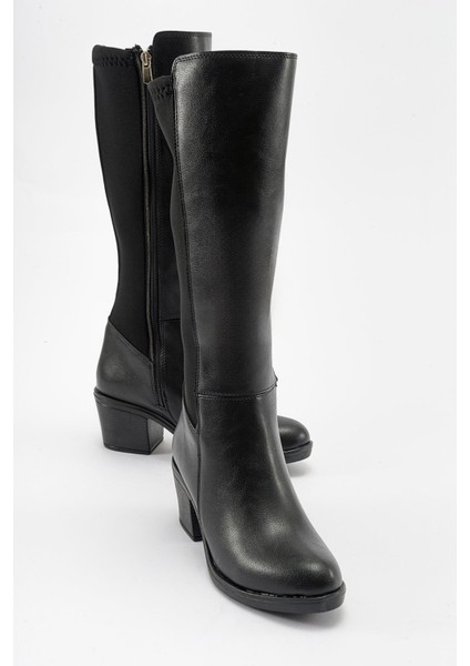 Kaydırmaz Kadın Ökçeli Çizme Siyah Cilt