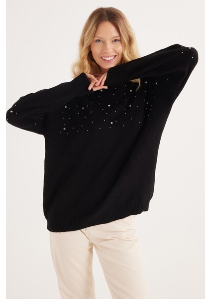 Kadın Slim Fit Dar Kesim Bisiklet Yaka Işlemeli Siyah Kazak fiyatları