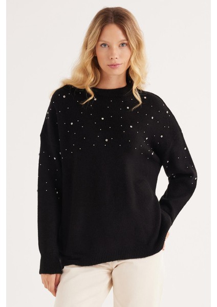 Kadın Slim Fit Dar Kesim Bisiklet Yaka Işlemeli Siyah Kazak fırsatları