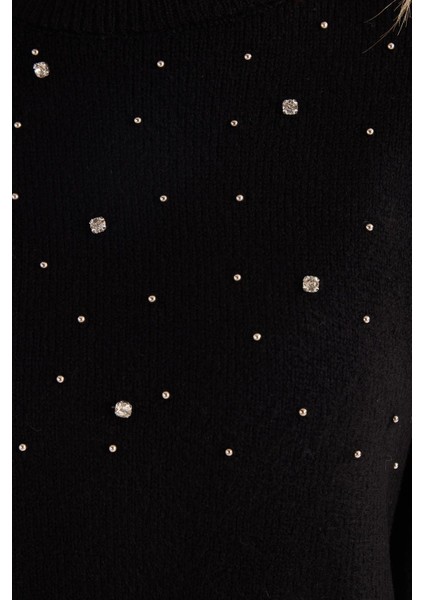 Kadın Slim Fit Dar Kesim Bisiklet Yaka Işlemeli Siyah Kazak indirimleri