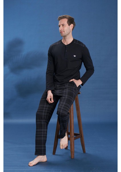 Erkek Penye Süprem Battal Önü Patlı Pijama Takımı | Siyah 2152