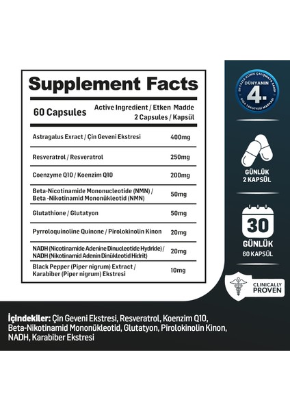 Elixia ‘longevity' | Yaşlanma Karşıtı | Resveratrol, Glutatyon, Koenzim Q10, Nmn, Nadh, Pqq modelleri