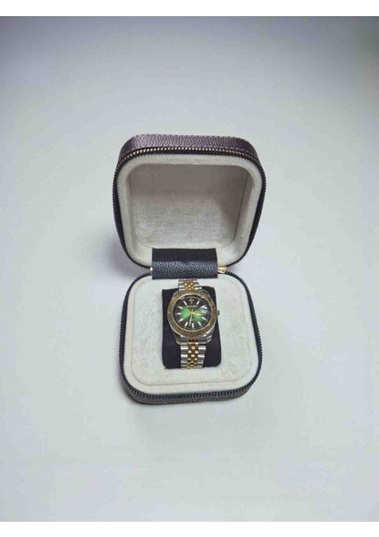 Şık Ahşap Deri Kaplama Saat Kutusu | 11×11×5 cm | Fermuarlı Takı & Saat Saklama Kutusu