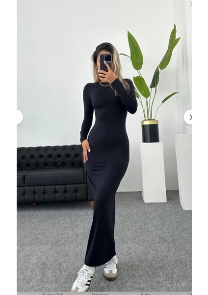 Kadın Siyah Hailey Uzun Kollu Midi Elbise ABGYM0812