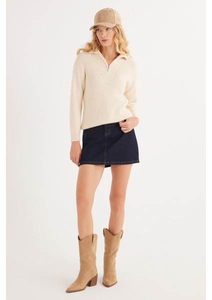 Kadın Oversize Geniş Kesim Dokumalı Fermuarlı Yaka Ekru Kazak fırsatları