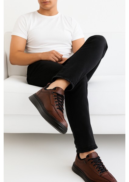 GR0406 Hakiki Deri Akıllı Bağcık Bilekten Streçli Yüksek Taban Ortopedik Koyu Kahve Erkek Ayakkabı fiyatları