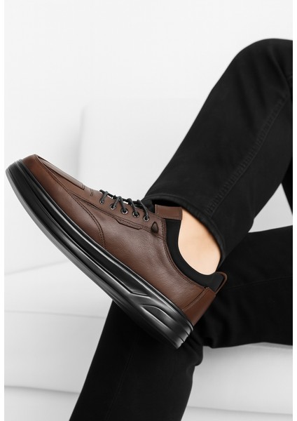 GR0406 Hakiki Deri Akıllı Bağcık Bilekten Streçli Yüksek Taban Ortopedik Koyu Kahve Erkek Ayakkabı