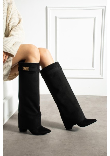 Saix Kadın Çizme Kalın Topuku Yandan Geçmeli Tokalı Siyah Süet