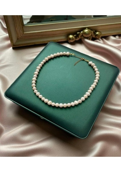 Sertifikalı Doğal Beyaz Inci Kadın 8 mm Kolye Çelik Bağlantı Aparatlı Inci Gelin Düğün Nişan modelleri