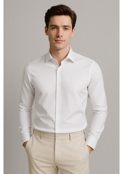 Erkek Beyaz Su ve Leke Itici Nanocare Pamuk Saten Ütü Istemeyen Slim Fit Casual Gömlek