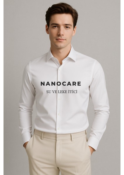 Erkek Beyaz Su ve Leke Itici Nanocare Pamuk Saten Ütü Istemeyen Slim Fit Casual Gömlek fiyatları