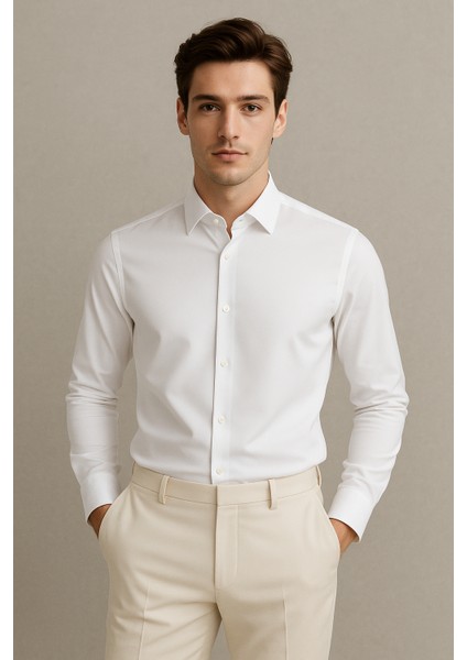 Erkek Beyaz Su ve Leke Itici Nanocare Pamuk Saten Ütü Istemeyen Slim Fit Casual Gömlek indirimleri