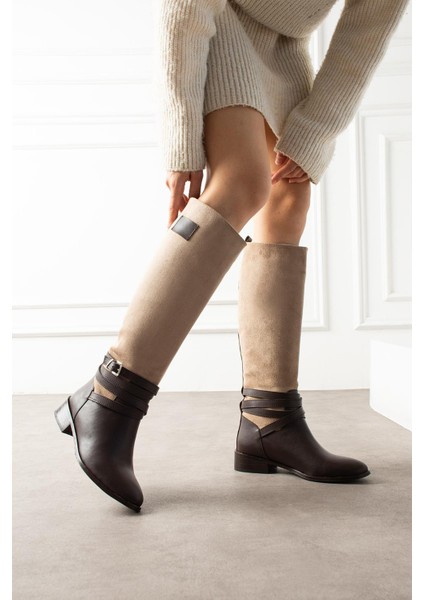 Suadx Kadın Çizme Kalın Topuku Bilekten Dolamalı Bantlı Ten Süet Kahverengi Deri