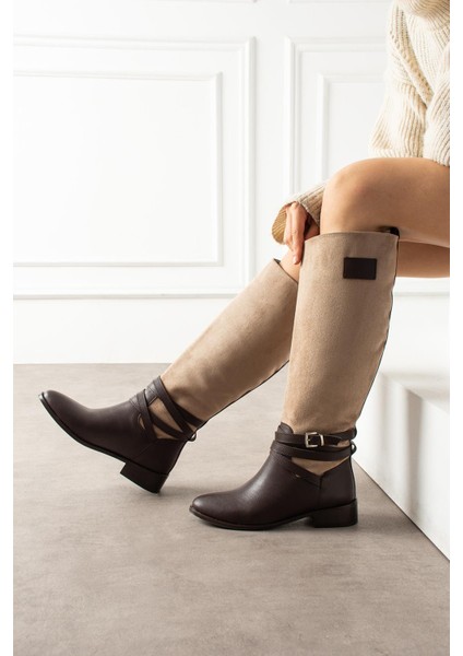 Suadx Kadın Çizme Kalın Topuku Bilekten Dolamalı Bantlı Ten Süet Kahverengi Deri fiyatları