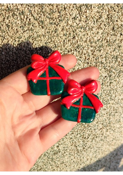 El Yapımı Christmas Gift Box Yılbaşı Yeşil Kutu Küpe - Şık, Hediyelik, Yılbaşı, Yeniyıl