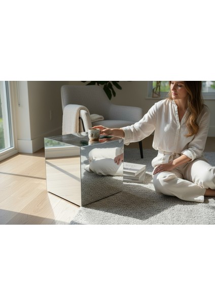 Modern Ayna Efektli Paslanmaz Çelik Küp Sehpa – El Yapımı Lüks Yan Sehpa (31X31 Cm)